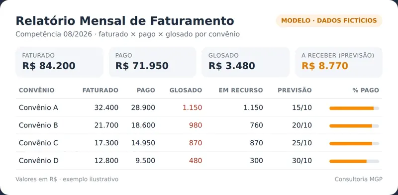 Modelo ilustrativo do relatório mensal de faturamento por convênio, com dados fictícios